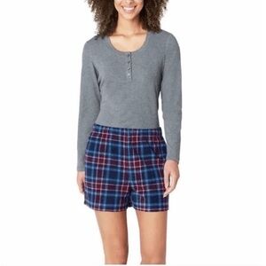 Eddie Bauer Women’s Waffle Knit Pajama Set Top & Plaid Shorts Size Medium